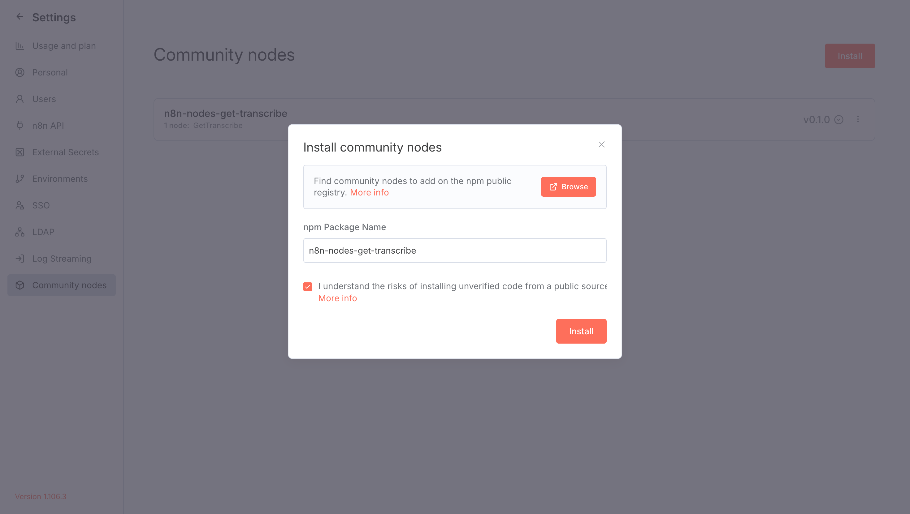 How to install GetTranscribe as a community node in n8n